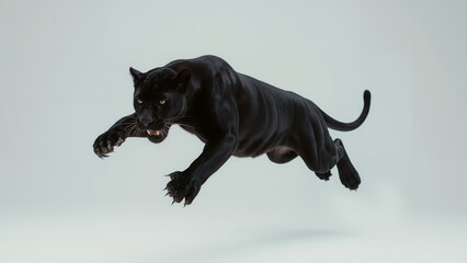 Dynamic Mid-Air Leap of a Powerful Black Panther with Fierce Expression on a Clean White Background