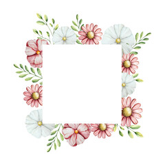 Spring flowers and branches with leaves, butterfly frame. Watercolor logo with gerbera, chamomile, echinacea. Hand drawn wildflower art isolated on background, transparent png. Botanical, easter and