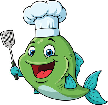 Cartoon chef fish character, green fish with blue fins, white chef hat, spatula in hand, smiling face, vector illustration, cooking theme design