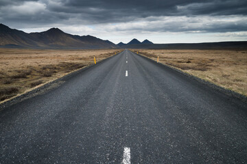 route of the ring road in iceland with mountains in backrground