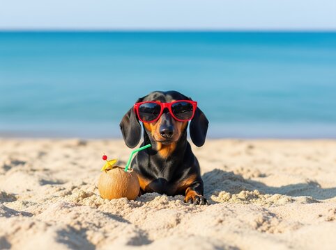 Happy dachshund burrowed in beach sand wearing red glasses and chilling beside tropical drink under bright summer sky - Powered by Adobe
