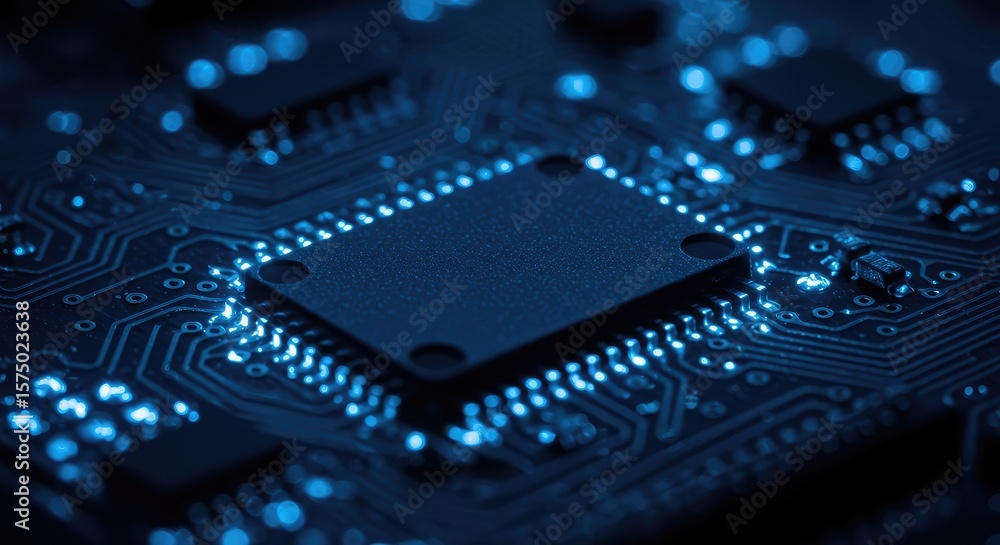 Poster close-up of a dark-blue circuit board with a central processor chip