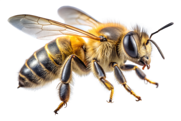 Detailed honey bee close up on transparent background for design