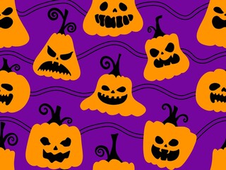 Autumn harvest vegetable seamless monster Halloween pumpkins pattern for wrapping paper and fabrics