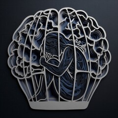 A metaphor for being a prisoner of one's own mind: a person sits trapped inside an intricate cage, isolated in darkness
