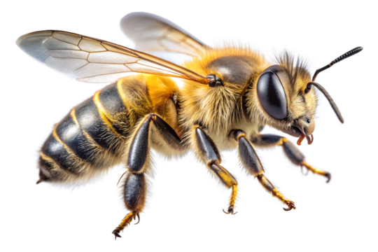 Detailed honey bee close up on transparent background for design