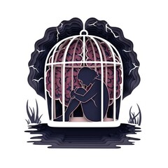 A metaphor for being a prisoner of one's own mind: a person sits trapped inside an intricate cage, isolated in darkness

