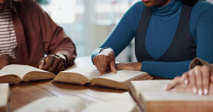 Bible study, group and hands with reading of scripture for holy knowledge, religion and praise. Christian community, learning and circle of people in home with worship, support and spiritual guidance