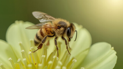 Closeup of a Busy Honey Bee on a Bright Yellow Flower in a Sunlit Garden - Pollination and Nature's Harmony