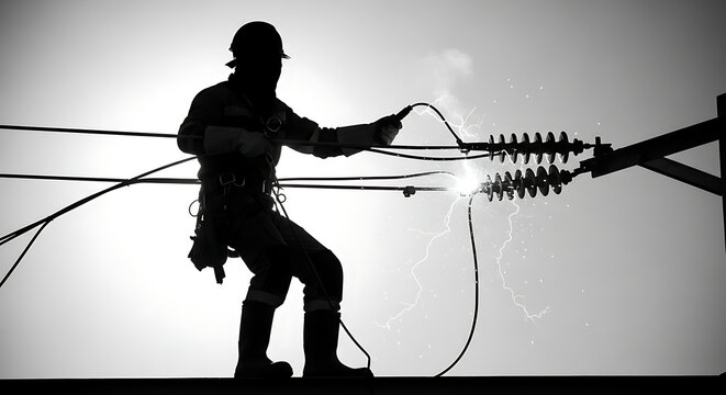 Electrician performing maintenance with visible electric sparks or shock effects