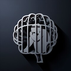 A metaphor for being a prisoner of one's own mind: a person sits trapped inside an intricate cage, isolated in darkness
