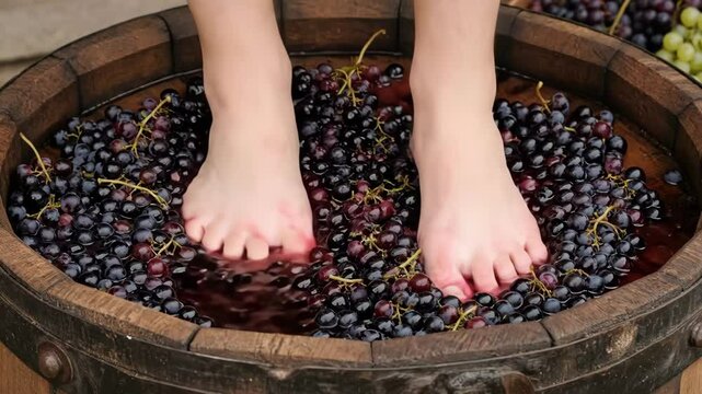Bare feet crushing dark grapes in a wooden barrel, symbolizing traditional winemaking, harvest celebration, and the authentic production process.