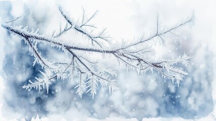 Obraz premium Snow-covered tree branch covered with hoarfrost on a blurred winter bokeh background. Crisp winter nature