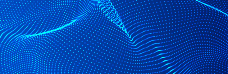 Wave of flowing particles on a dark background. Abstract backdrop with dynamic elements of waves and dots. Vector