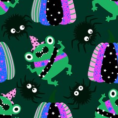 Halloween animals cartoon seamless frogs monsters pattern for wrapping and kids clothes print and party accessories