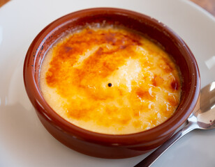 Catalan cream delicious dessert with sugar toast. Typical in Catalonia Spain