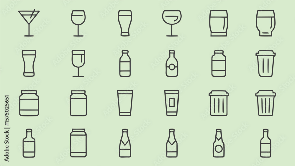 Poster collection of simple outline icons representing various drinks and containers on a light green backg