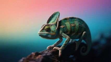 A chameleon perches on a branch with its head tilted, showcasing its intricate green and blue scales, its distinctive eyes focus on the scene with a dreamy background