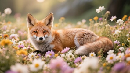 Fototapeta premium Captivating red fox resting in a meadow of colorful wildflowers, showcasing its serene beauty and connection to nature in the warm sunlight .