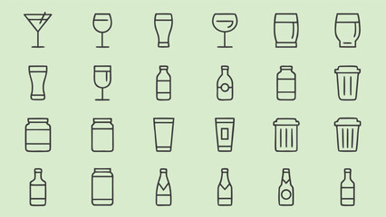 Collection of simple outline icons representing various drinks and containers on a light green background