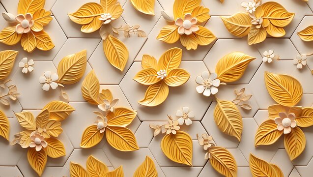 Golden Leaves and Creamy White Flowers on Hexagonal Tiles, A Decorative Floral Pattern with 3D Elements for Elegant Design - Powered by Adobe
