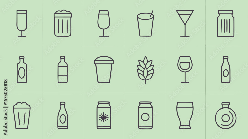 Aufkleber collection of simple line art icons representing various beverages and related items