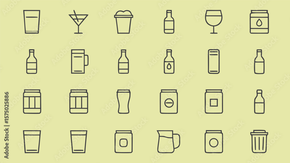 Poster collection of outline icons representing various drinks and containers on a light yellow background