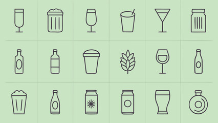 Collection of simple line art icons representing various beverages and related items