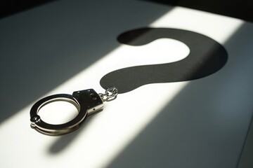 Handcuffs casting a shadow in the shape of a question mark on a white surface