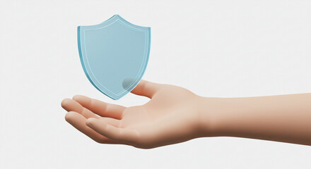 A hand holding a blue shield icon against a white background in a digital rendering scene view created with generated ai