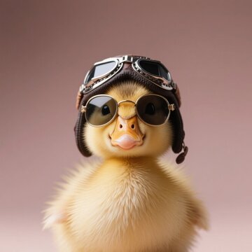 Adorable fluffy yellow duckling wearing aviator hat and retro sunglasses with pink background. Close-up portrait of cute little duckling, a vintage style flyboy .