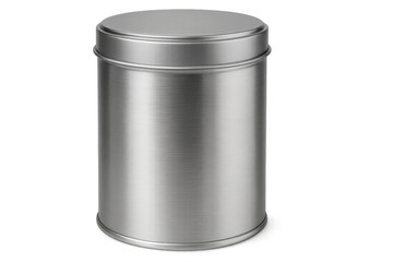 Photorealistic 3d rendering of a closed brushed metal tin can with lid, isolated on transparent background