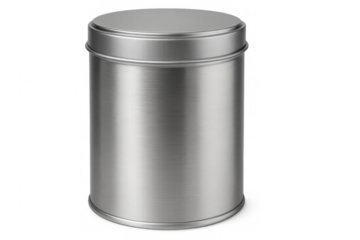 Photorealistic 3d rendering of a closed brushed metal tin can with lid, isolated on transparent background