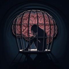 A metaphor for being a prisoner of one's own mind: a person sits trapped inside an intricate cage, isolated in darkness
