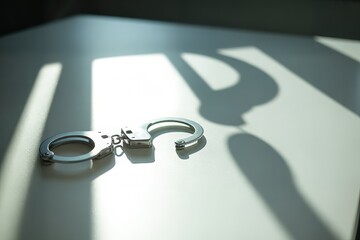 Silver handcuffs resting on a table casting shadows in a dramatic light setting