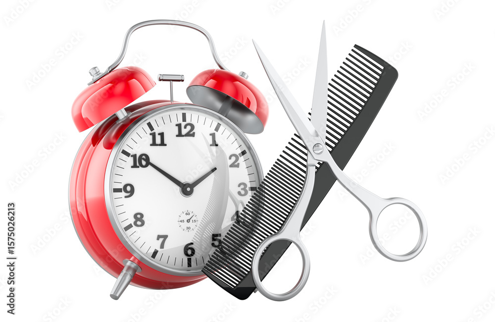 Poster alarm clock with scissors and comb. scheduled haircut or barbershop appointment, concept. 3d renderi