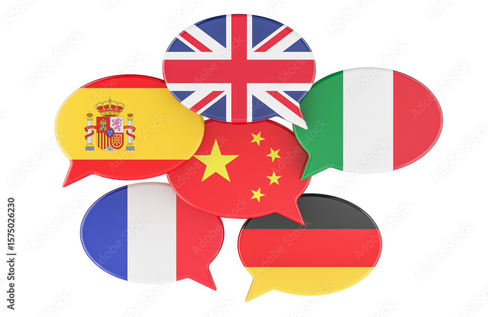 Poster speech bubbles with world flags. global communication and learning foreign languages, 3d rendering i