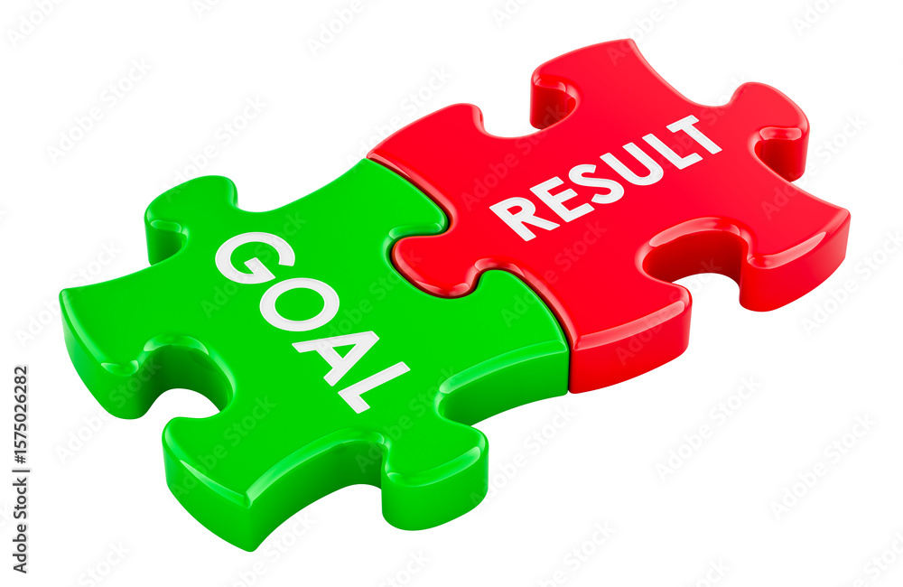 Poster goal and result, puzzle pieces. 3d rendering isolated on transparent background