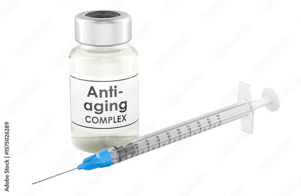 Poster anti-aging complex vial and syringe, beauty injection. 3d rendering isolated on transparent backgrou