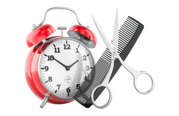 Alarm clock with scissors and comb. Scheduled haircut or barbershop appointment, concept. 3D rendering isolated on transparent background
