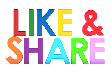 Like and Share, colorful text. 3D rendering isolated on transparent background