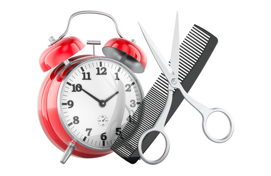 Alarm clock with scissors and comb. Scheduled haircut or barbershop appointment, concept. 3D rendering isolated on transparent background