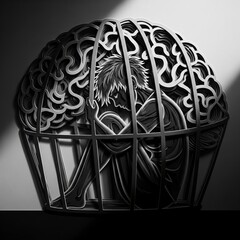 A metaphor for being a prisoner of one's own mind: a person sits trapped inside an intricate cage, isolated in darkness
