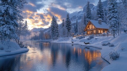 A cozy log cabin nestled beside a tranquil lake on a snowy winter's eve.