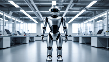 Silver Humanoid Robot in Modern Technology Laboratory