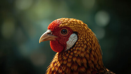 Regal Golden Pheasant Close-up with Striking Red Comb and Intricate Feather Details on a Blurred Green Background