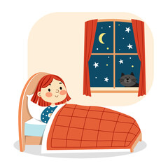 Red-haired girl lies in bed near the night window and a cat. Vector illustration.