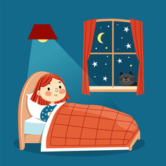 Red-haired girl lies in bed near the night window and a cat. Dark background. Vector illustration.