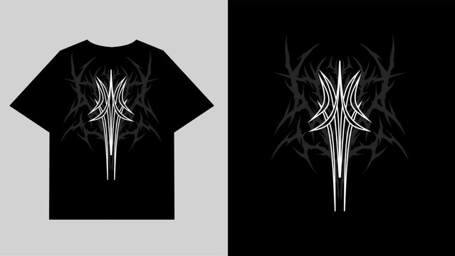 neo tribal shirts designs, symmetrical sigil with dark gothic spikes, perfect for metalcore streetwear and occult fashion vibes