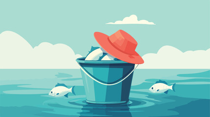 Fishing Equipment Bucket with Fish and Hat